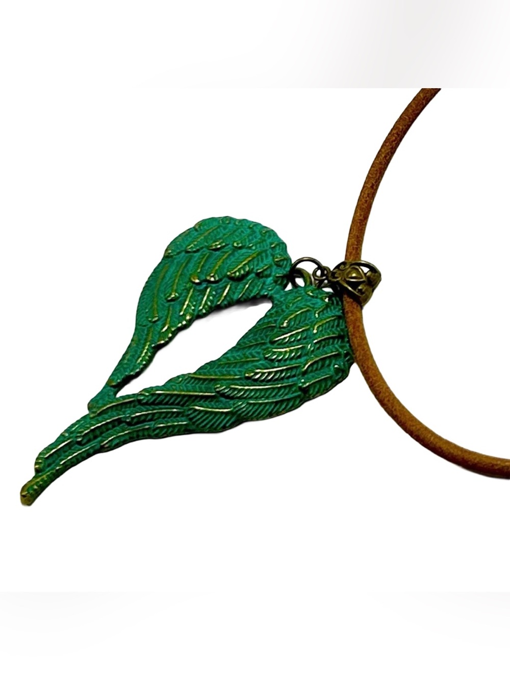 Handmade Antique Patina Angel Wings Pendant Necklace with Brown Leather Cord! - Picture 5 of 5